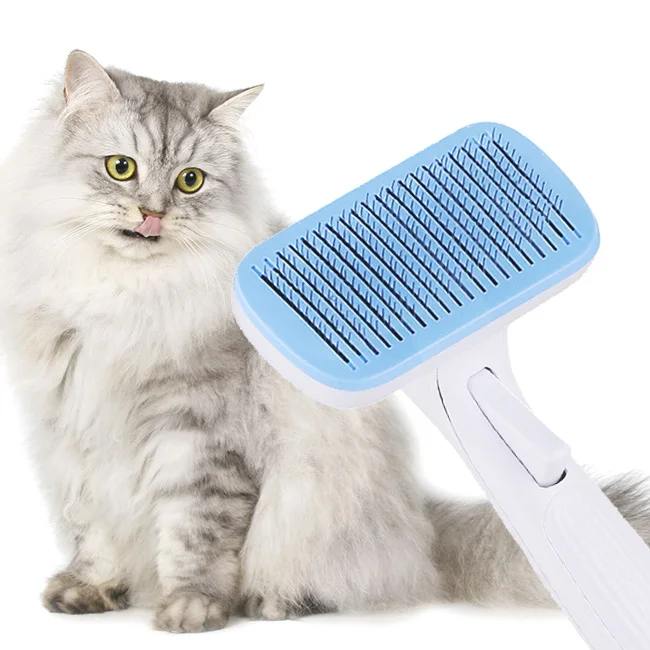 

wholesale long handle self cleaning stainless steel pet dog hair remover comb depilating rake, Blue, pink