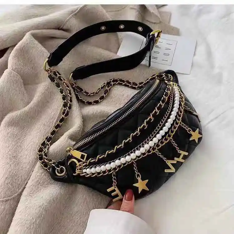 

2020 Fashion ladies Fringe Fanny Pack Waist Bag with Pearl fringe decoration belts bag, More colors are available