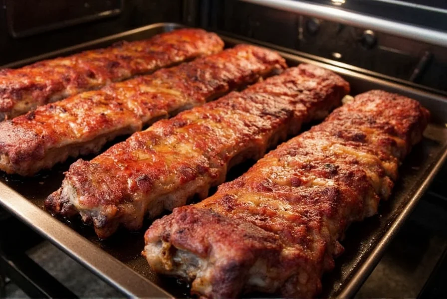 Finished slow baked ribs with proper slice showing tender meat texture