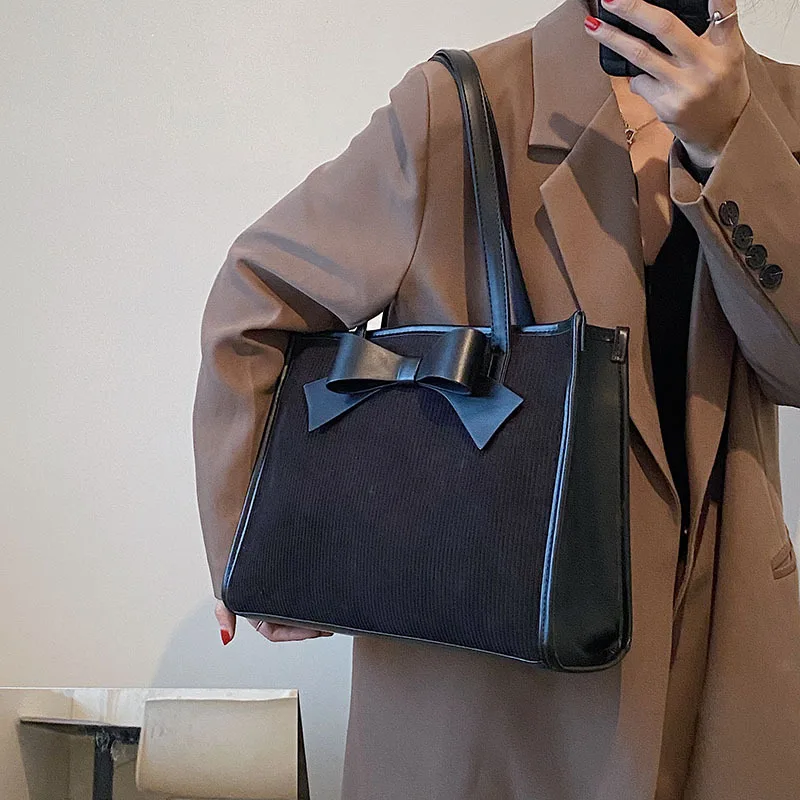 

New Hot Selling Woman Fashion Handbag Popular Female Tote with Bow Knot Black Khaki Brown Woman Large Capacity Tote bags