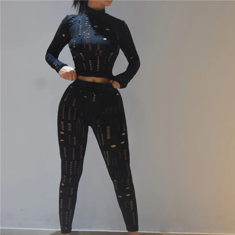 

Drop Shipping Hole Design Sexy Bodycon Casual Fall Women Sets Two Piece Pants Set Skinny Pants Suit Casual Women Two Piece Set