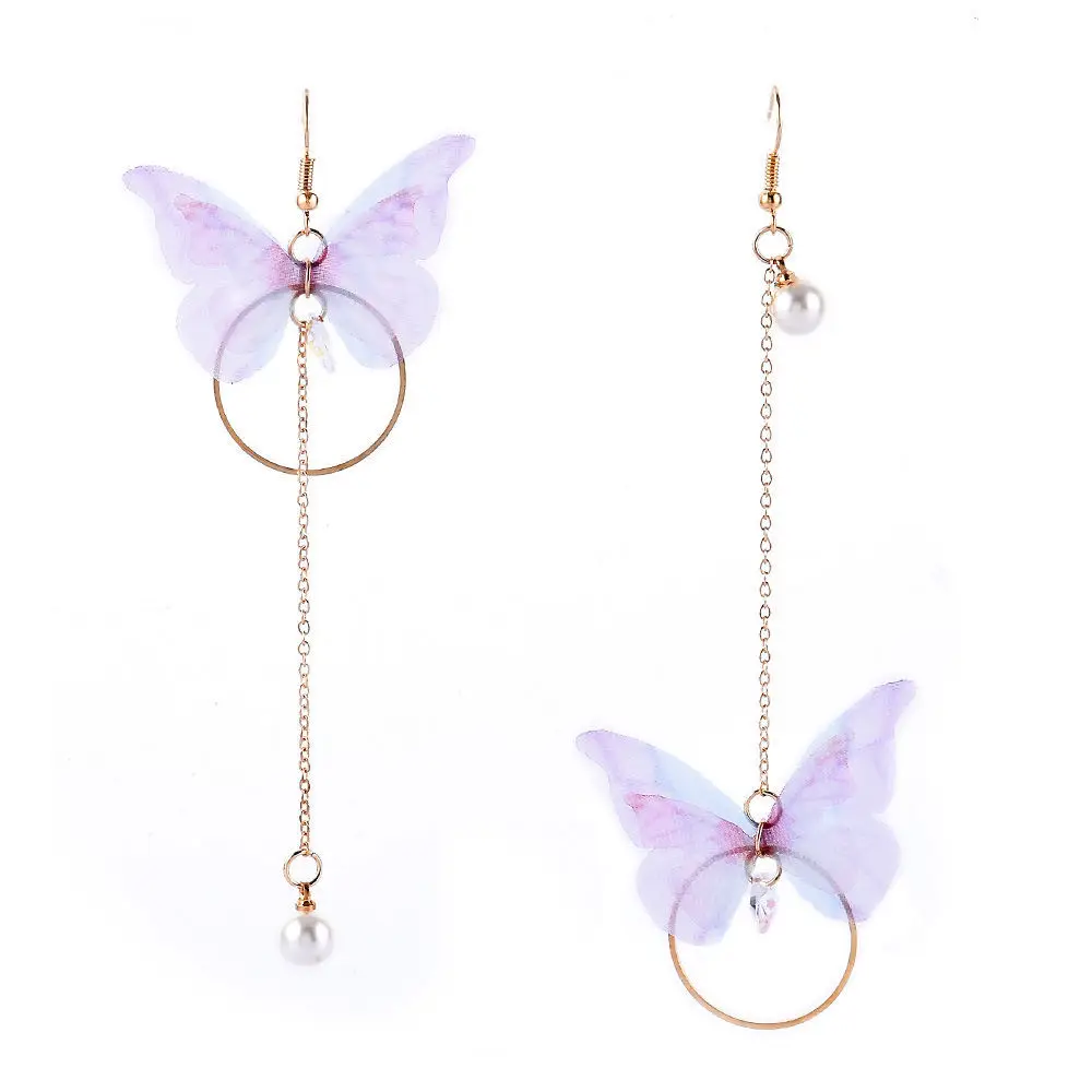 

Korean Retro Asymmetric Butterfly Imitation Pearl Earrings Cute Butterfly Wings Earrings Gold Plated Long Chain Earrings, Color