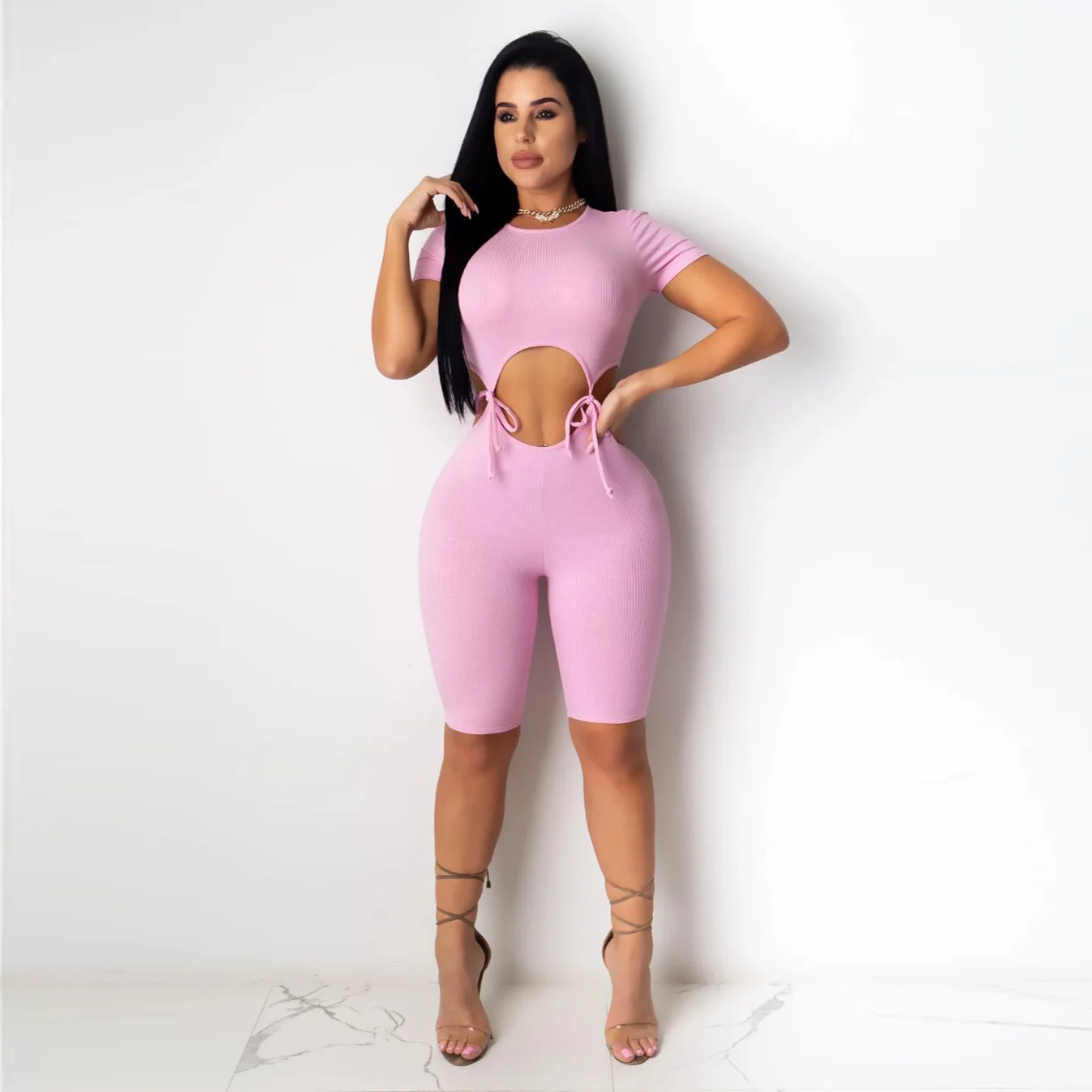 

Wholesale woman clothing casual solid short sleeve tight two pcs set with short pants