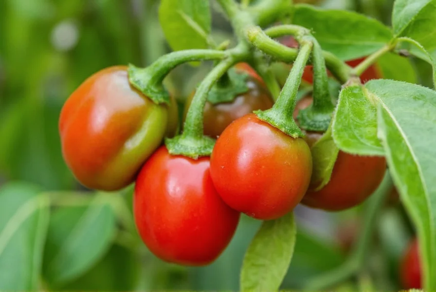 Close-up of fresh Romano peppers on plant showing characteristic curved shape and glossy skin
