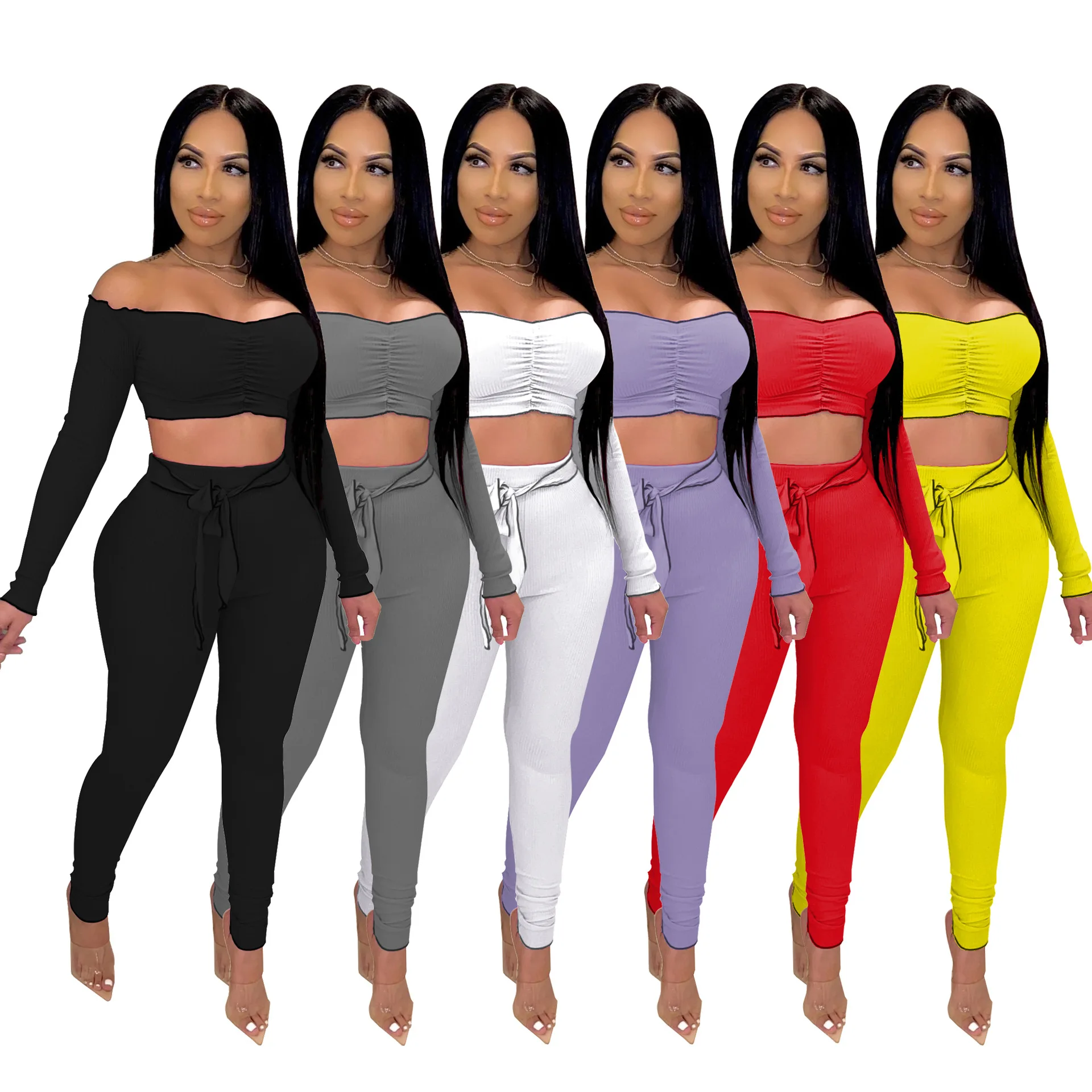 

Foma Clothing W8105 Hot selling strapless long sleeves with bandage woman 2 piece pant set, As picture