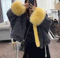 

2019 short clothes warmest overcoat women denim outershell jacket fox fur cuff multi color winter coat real fur lined parka