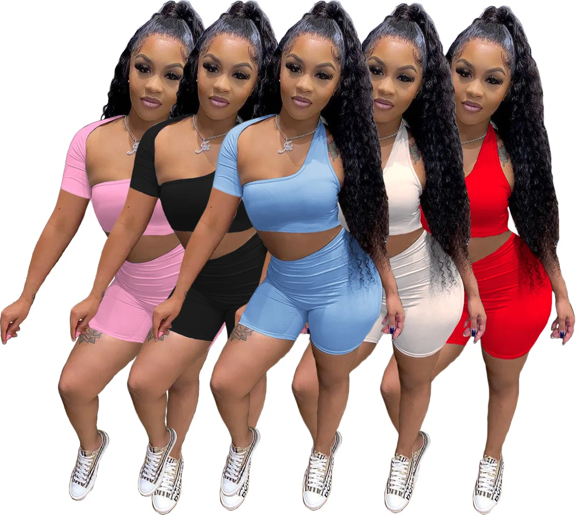 

women's summer 2 piece one shoulder crop top sexy tracksuit two piece biker short set