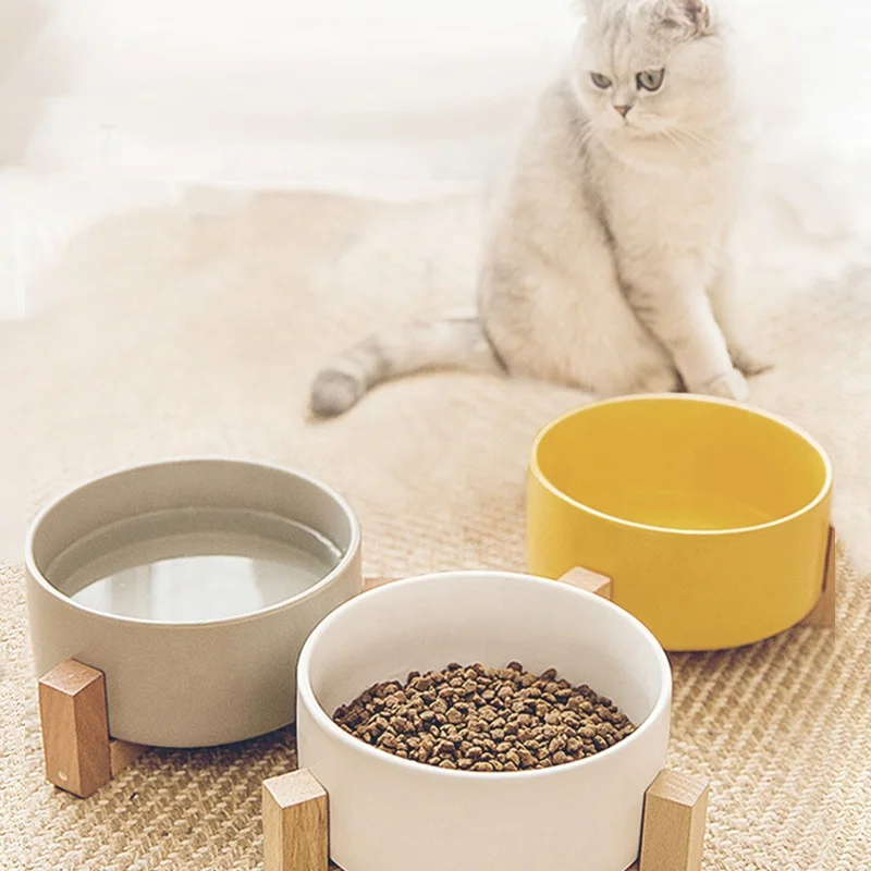 

Wholesale custom multi color ceramic pet cat dog bowl with wooden stand, White, grey, green, yellow, pink