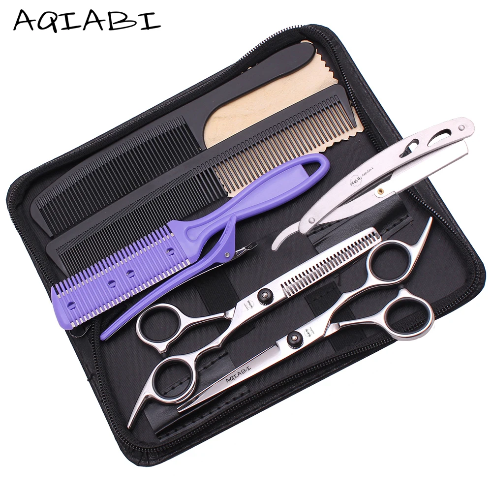 

AQIABI 6'' Hair Scissors Set Hair Cutting Scissors 440C Thinning Shears Barber Scissors Hair Professional A1001-B, Shiny