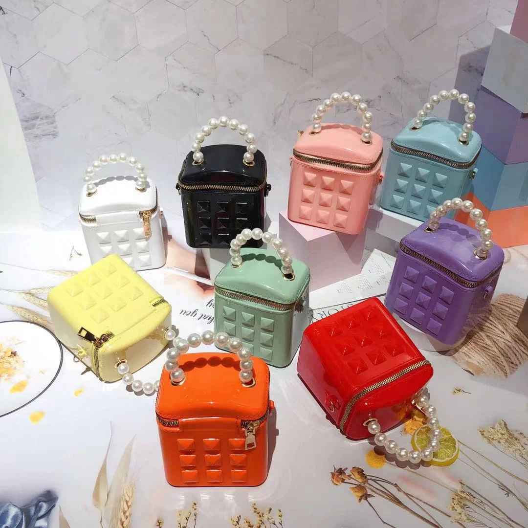 wholesale 2021 famous brand designer jelly bag Pearl rivets chain women bag pvc Waterproof Small mini Bucket jelly purse handbag