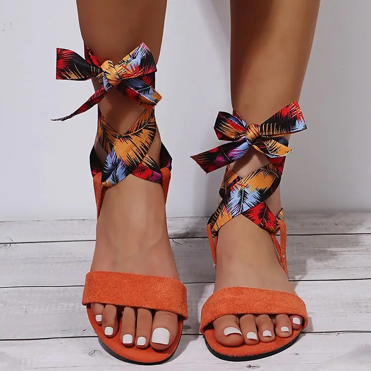 

2021 New arrival summer round toe fashion bandage printed flat casual sandals plus size women shoes outdoor beach sandals, Four colors or customized