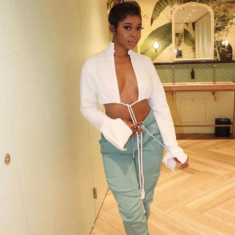 

New Design Women Sexy Long Sleeve Solid Color Tie Wrap Women Cropped Cardigan Crop Top