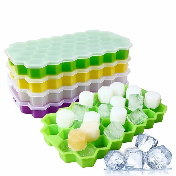 

JTX052 Reusable Silicone Ice cube Mold 37 Grids Ice Maker Mold with Removable Lids Party Pudding Tool Honeycomb Ice Cube Trays, 6 colors