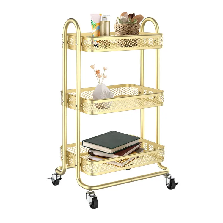 

PINPINFAMILY 4pcs/Carton Movable Storage Rolling Cart Organizer Shelf 3 Tier Used Home Kitchen Rack Trolley, Gold