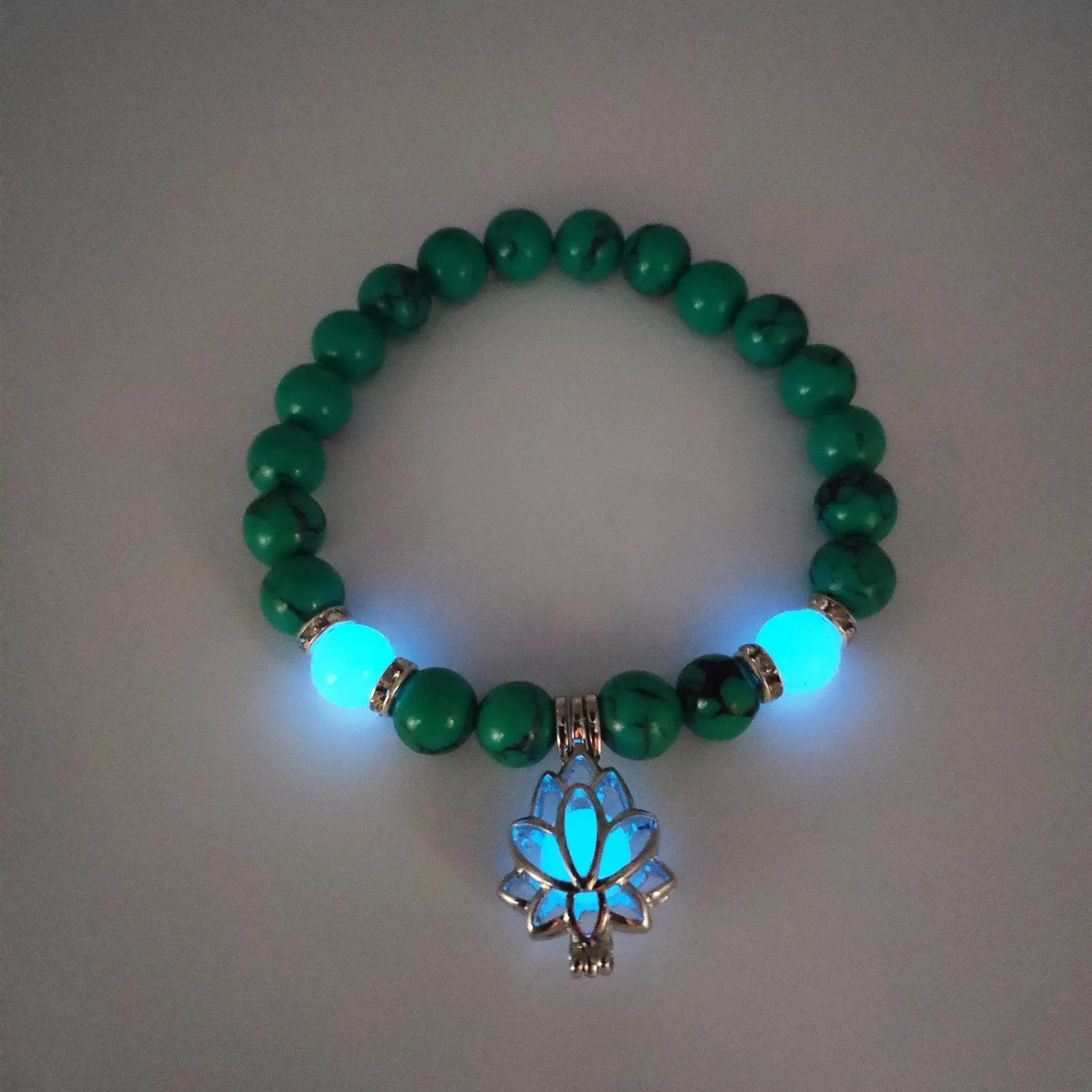 

8mm men charm fashion energy glowing green red turquoise beads bracelets lotus elastic beaded ankle bracelets bangles women, 6 colors
