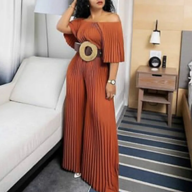 

Fashion Sexy Loose High Waist Pleated Half Sleeve Off Shoulder Women Jumpsuit