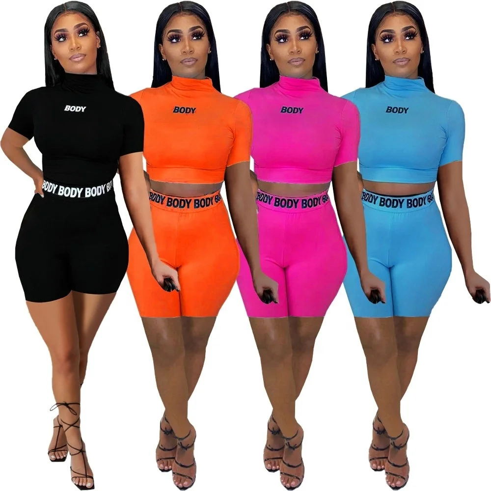 

2021 New Summer Bodycon Sets Ladies 2 Pcs Turtleneck Letter Print Crop Top Biker Shorts Jogging Suit Women Two Piece Set, 4 colors