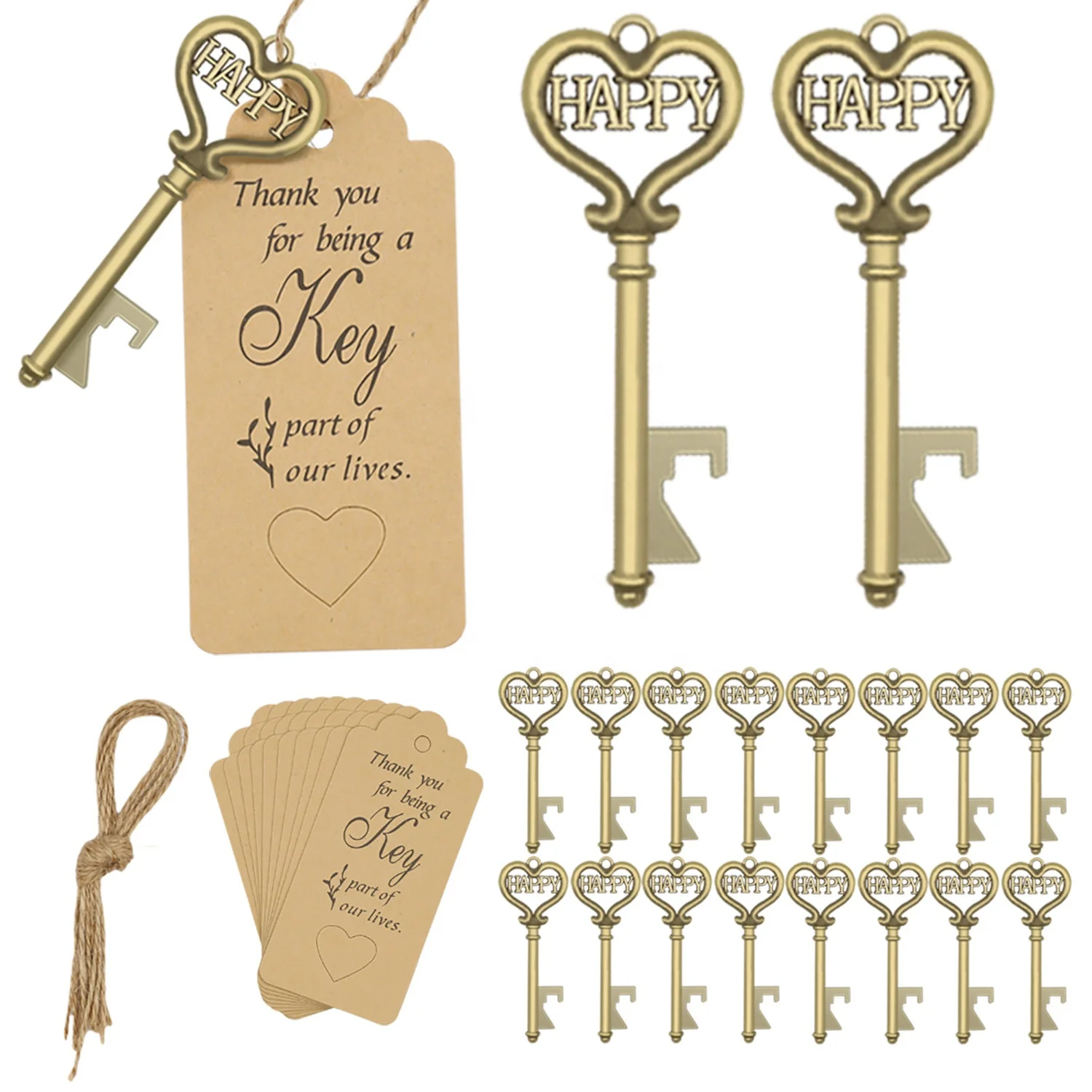 

Rustic Souvenir Gifts Vintage Wedding Favors Happy Key Beer Bottle Opener with Escort Tag Card