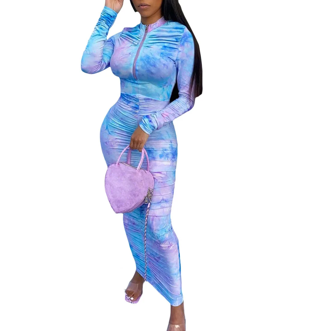 

S1451N Fall women Fashion long sleeve tie dye elegant maxi dresses