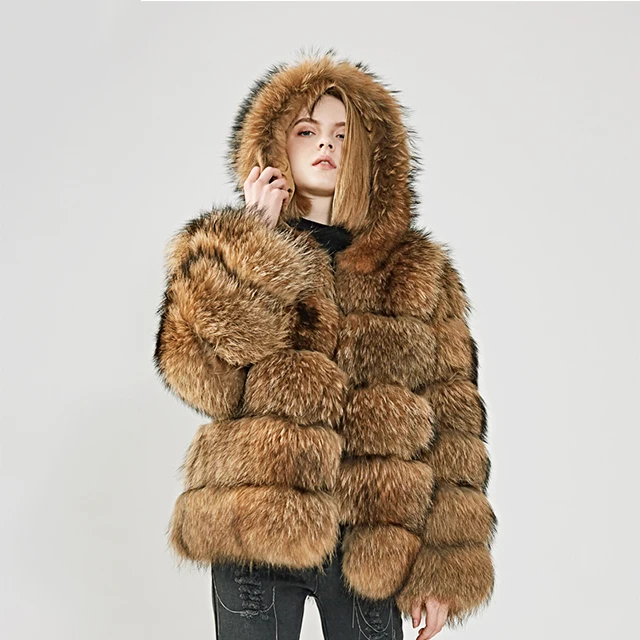 2019 Winter Women Raccoon Fur Coat  Faux Fur Lined Coat Fur Outerwear Jacket