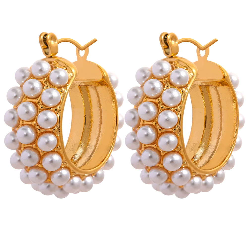 

JINYOU 644 Tarnish Free Elegant Artificial Pearls Stainless Steel 18K Plated Round Huggie Hoop Earrings Golden Charm Jewelry