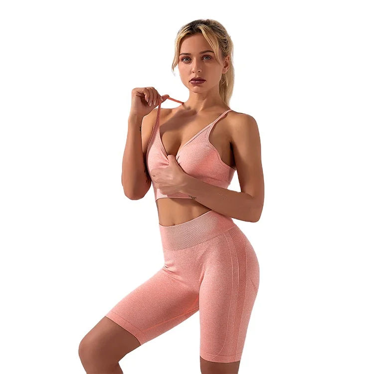 

Modern popular cost-effective seamless High Strength strappy yoga sport bra 2 pc suit for lady