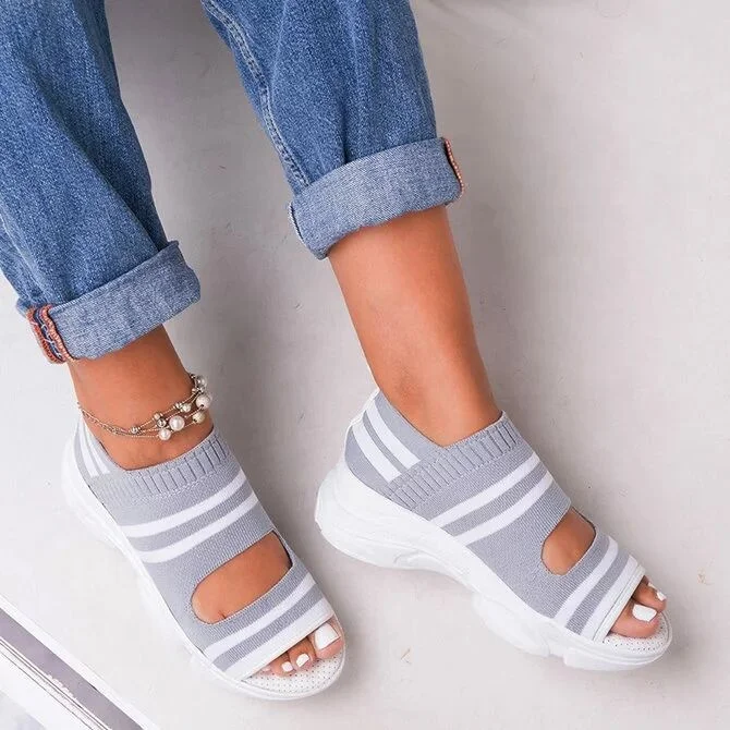 

LE SLIDES Fashionable Striped Printed Knitted Sandals Memory Sole Suitable Comfy Open Toe Casual Woven Wedge Sandals for Women, Black blue green grey yellow