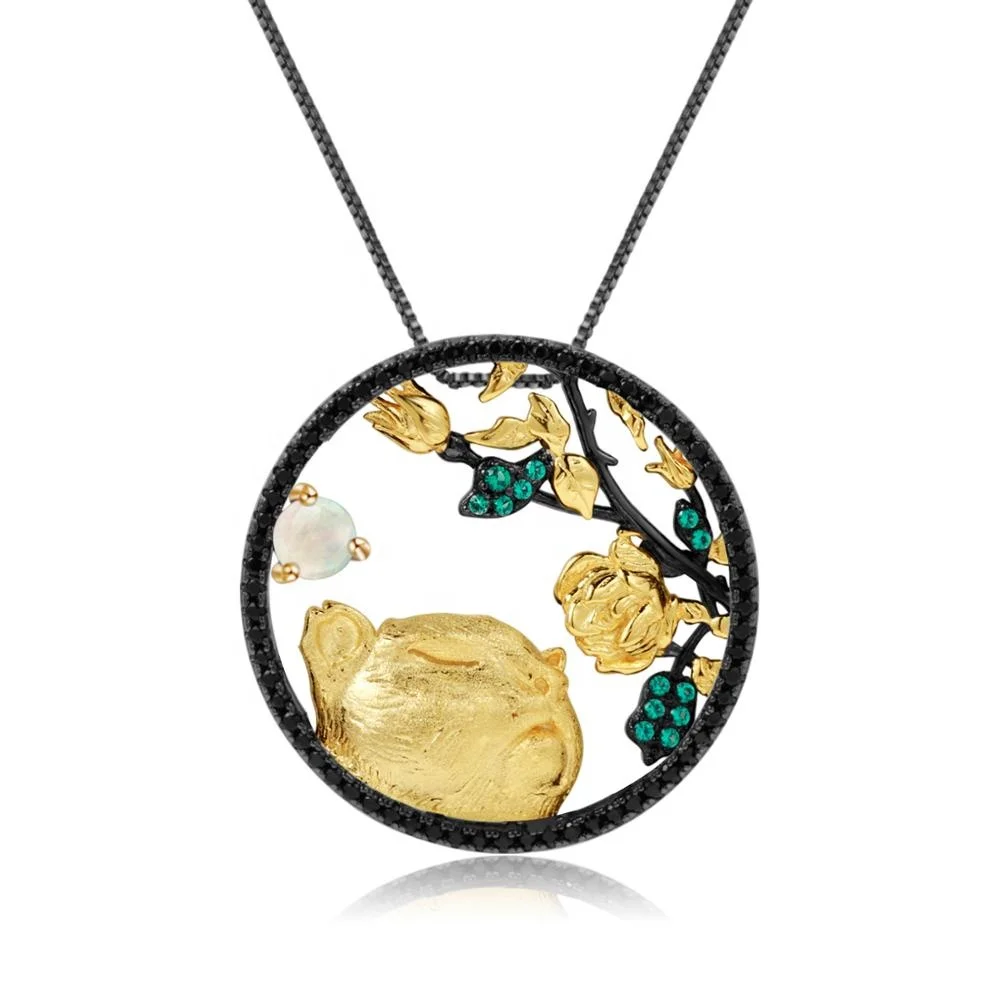 

Abiding 925 Sterling Silver Pendant Natural African Opal Stone Tiger Animal Zodiac Gold Plated Pendant Necklace For Women