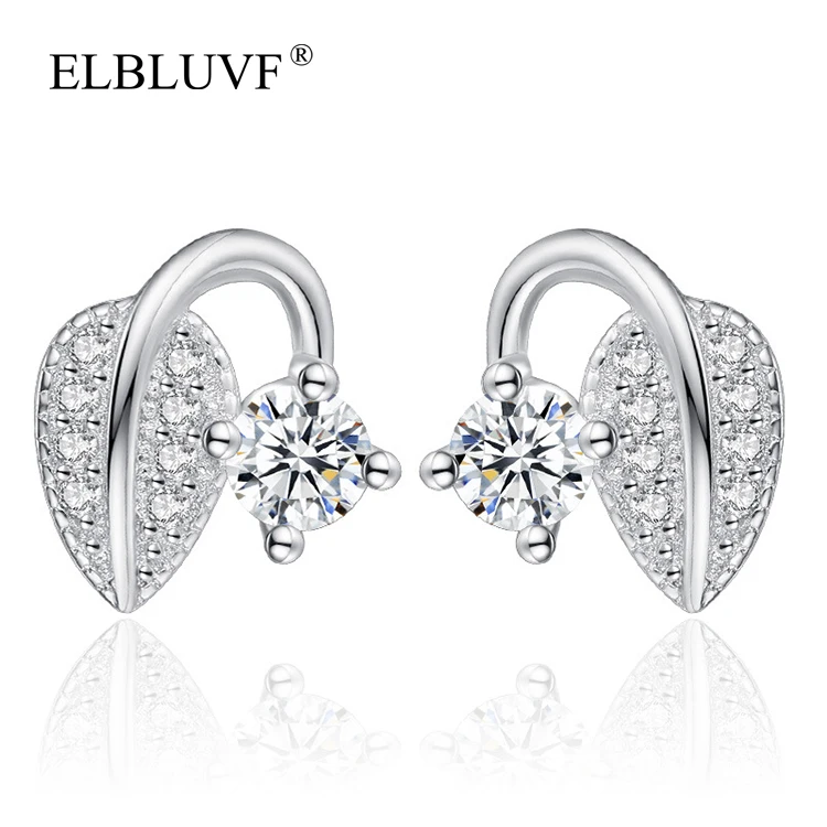 

ELBLUVF S925 Silver Plated Jewelry Leaves Shape Zircon Stud Earrings Jewelry