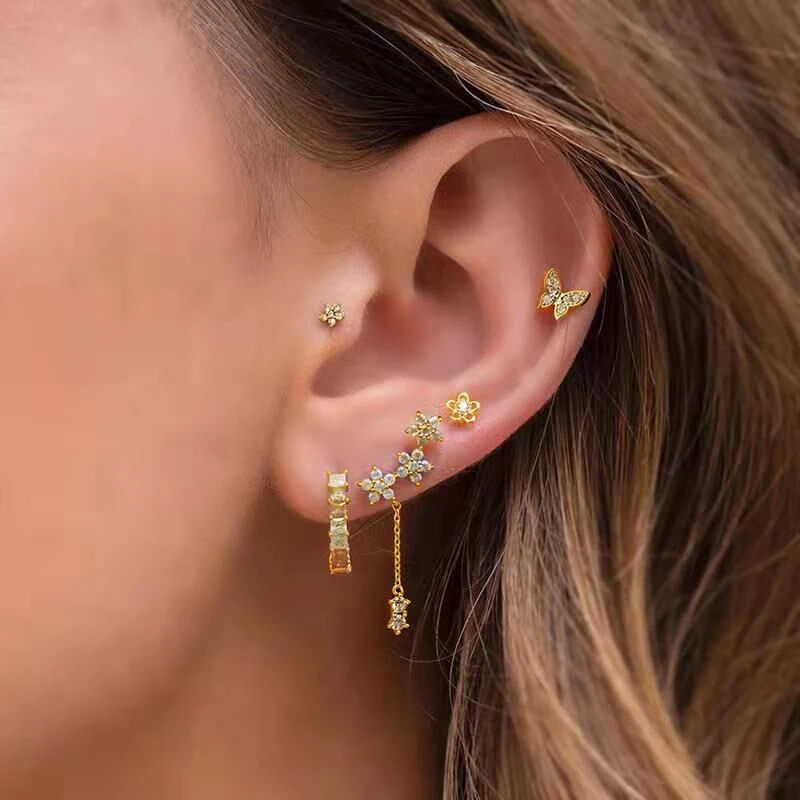 

18k Gold Plated Flower Butterfly CZ Cubic Zirconia Diamond Stud Earring Set For Women Jewelry