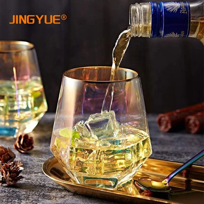 

10oz Personalized Non-Leaded Gold Banded Rim Cocktail Glass Iridescent Diamond Shaped Whiskey Glass