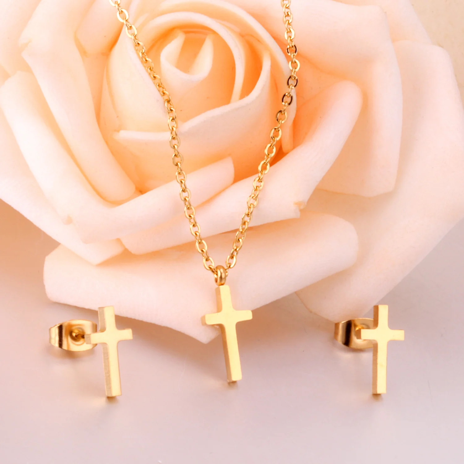 

Cheap Enough Stainless Steel 316L Titanium Gold Filled/Silver Cross Charm Popular Jesus Cross Necklace Earrings Jewelry Sets