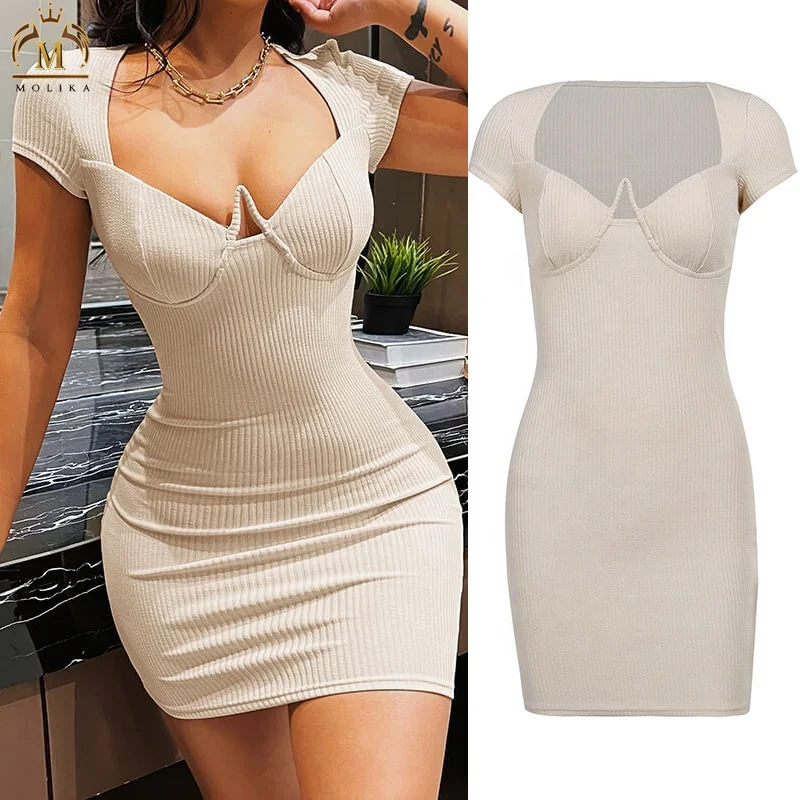 

2022 New Trendy Summer Bodycon Dresses Rib Knit Short Sleeve Women Solid Fashion Sexy Party Clubwear Elegant Casual Dress, 2 colors