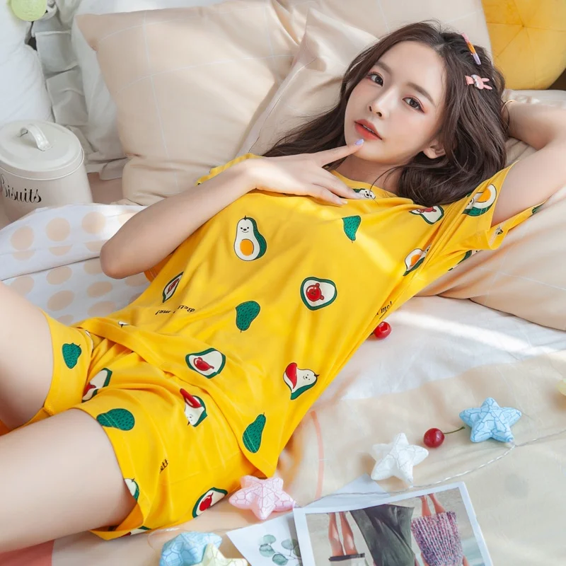 

2 Piece Summer Cute Young Women Milk Silk Short Pajama Set