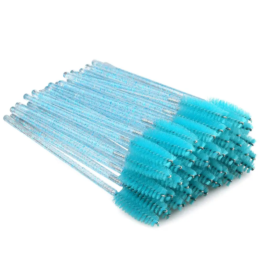 

high quality 50 piece custom crystal handle lash extension cleaning brush disposable eyelash brush brow and lash comb, Blue