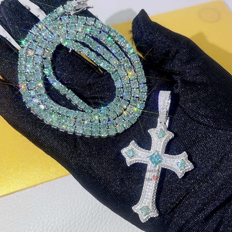 

Iced Out White Mix Blue Green Moissanite Cross Pendant with 4MM Tennis Chain