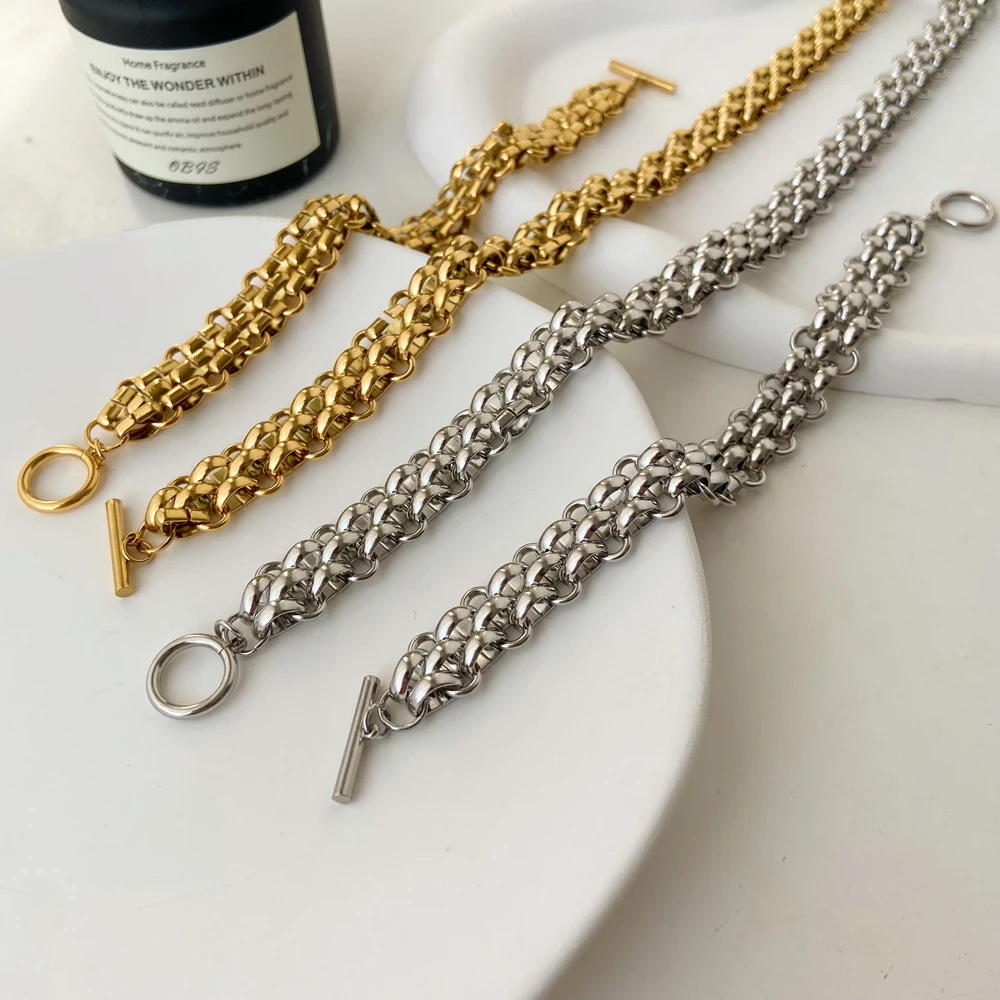 

Thick Chain Set Metal Chunky Exaggerated Bracelet Necklace Jewelry Neutral Style Stainless Steel Necklace Bracelet Colorless