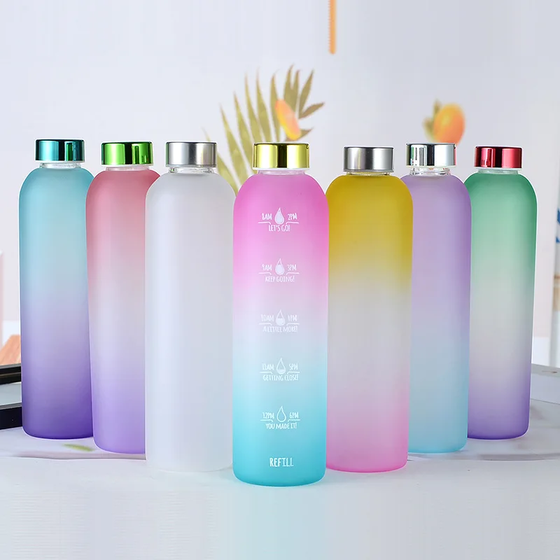 

Seaygift new gradient color motivational glass bottles custom logo frosted 1 litre 550ml glass water bottle with time marker, Pink/black/brown