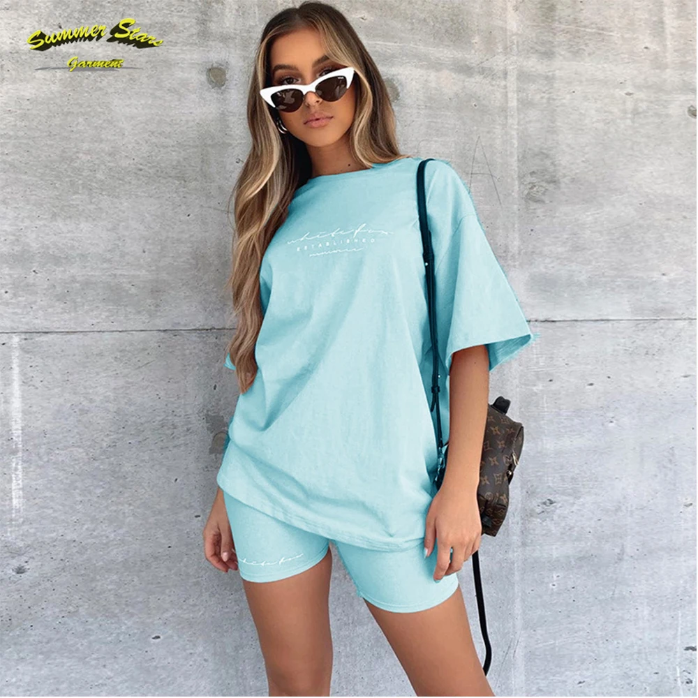 

Custom Clothing Manufacturers 2 Piece Shorts Women Set Printed Casual Street Short Women's T-shirts, Blue, black