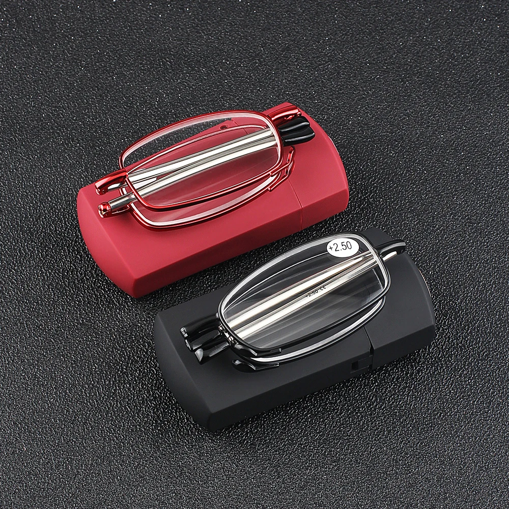 

High Quality Custom Logo Easy Carry Black Mini Retractable Hot Selling Metal Folding Reading Glasses with Case