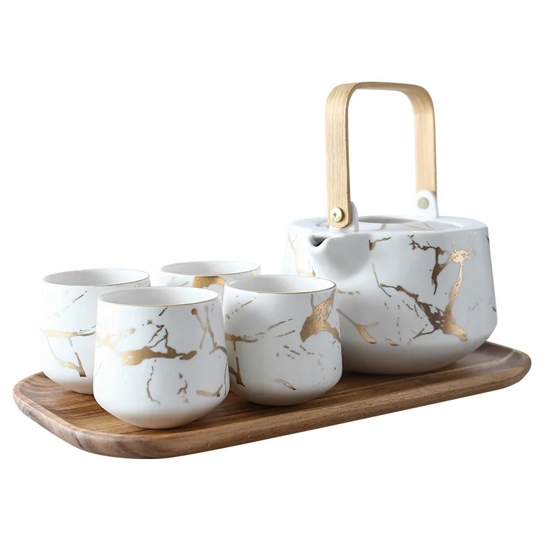 

New Product Marble Design Porcelain 4 Pieces Coffee Cup Ceramic Tea Pot Set, Green and white