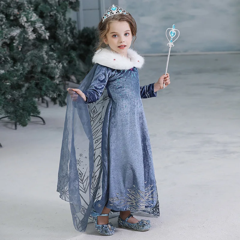 

2020 Wholesale Party Elsa Anna Princess Girl Children Winter Coat Dress Up Costume With Coat, Blue