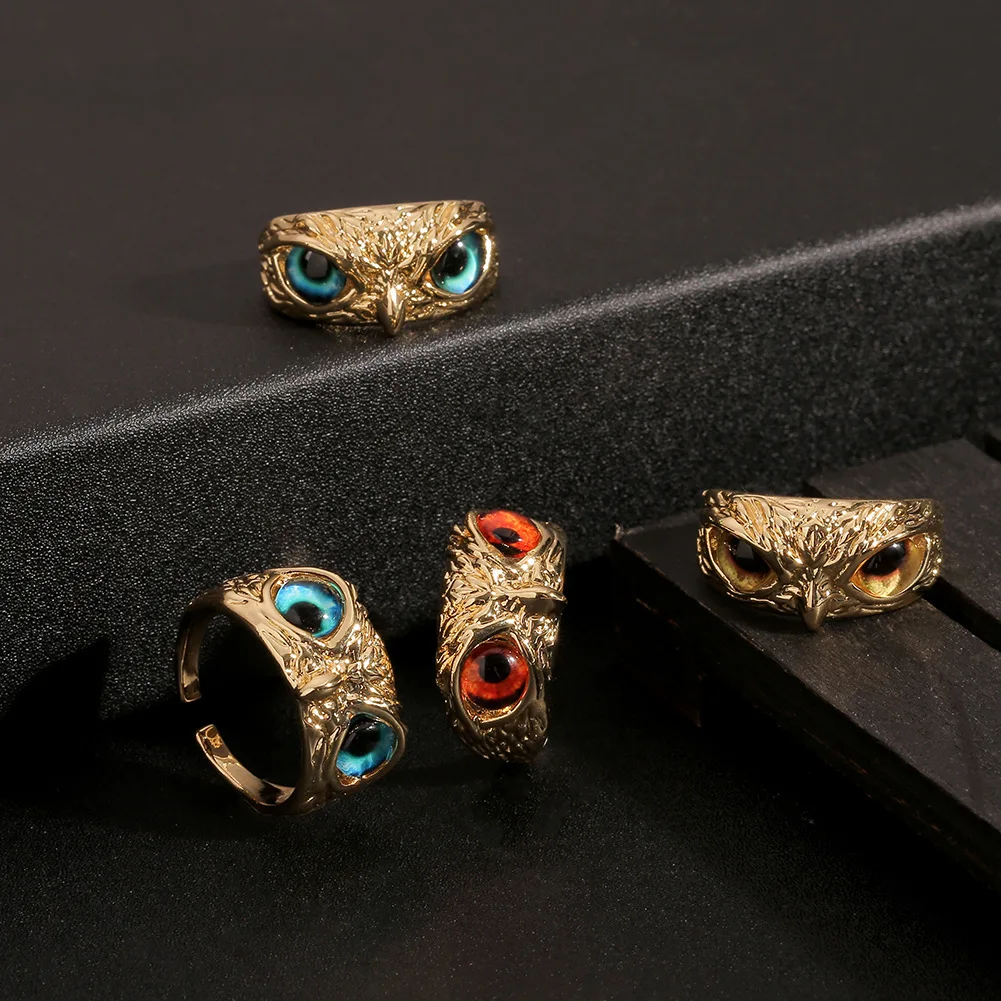 

Exaggerated 18k Gold Plating Colorful Crystal Owl Adjustable Rings Multi Color Zirconia Animal Eyes Open Rings