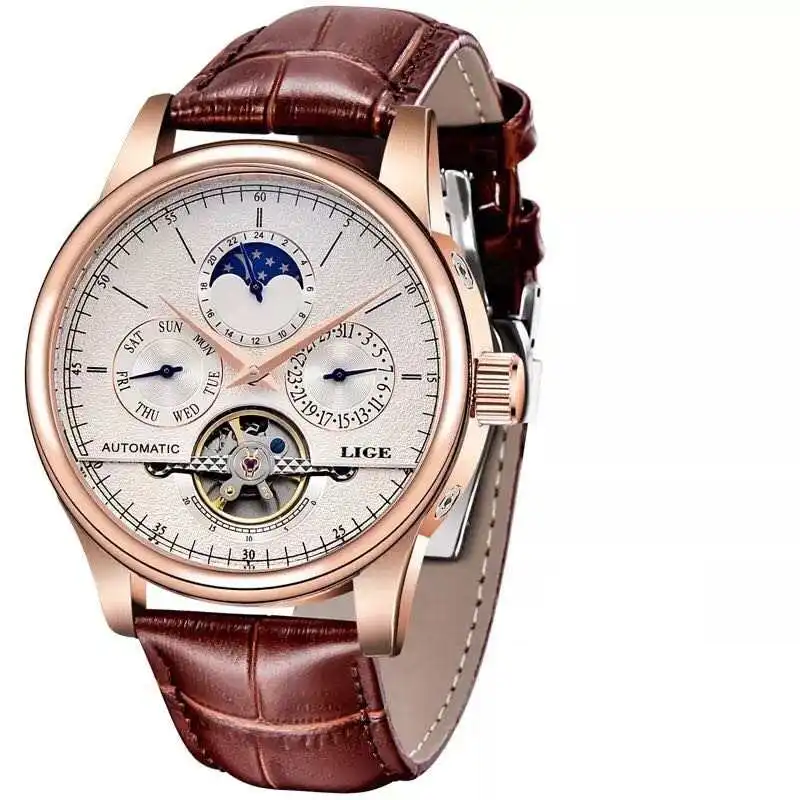 

2021 Lige 6826 Retro Men Mechanical Watches Tourbillon Waterproof Leather Top Brands Luxury Watch Automatic Mens