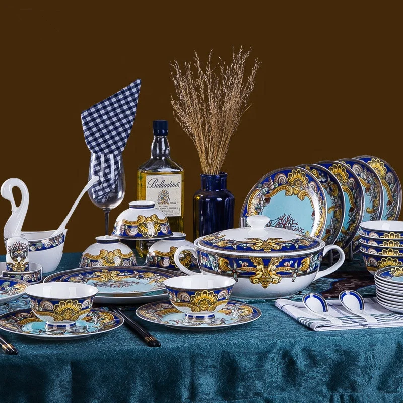 

Hot sale Western European style bone china tableware 60 pieces ceramic dinnerware set porcelain dinner set, As shown