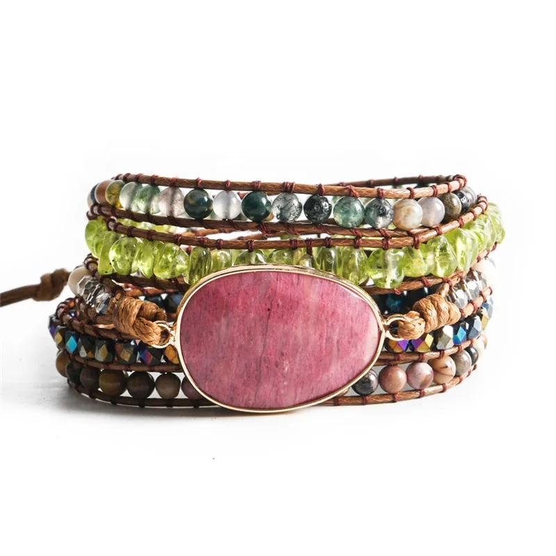 

Bohemia Charm 5 Wraps Rhodochrosite Natural Stone Beads Bracelets Handmade Adjustable Jewelry For Women Girl
