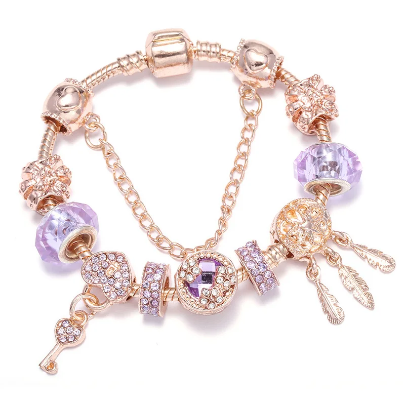 

9 style Wholesale top sale Hollow gold purple crystal bead gold-plated charm bracelet Feather key pendant women party jewelry, 9 color