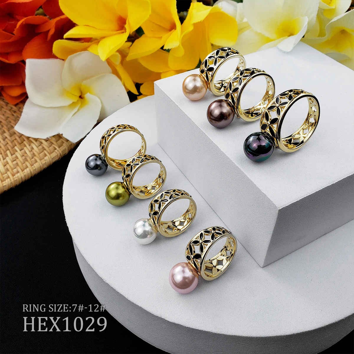 

Hot sale Hawaiian pearl rings gold flower ring women jewelry coffee, 7 colors