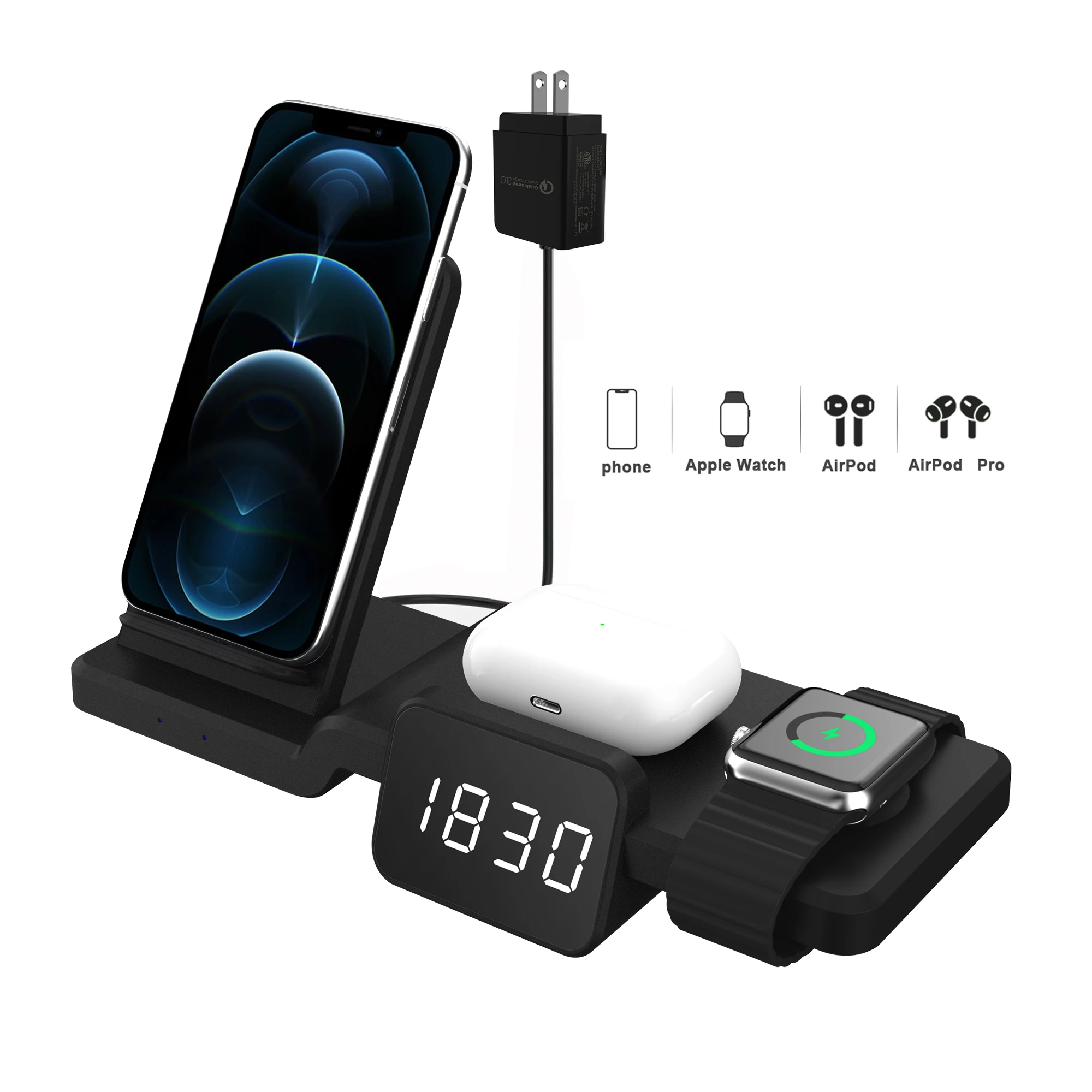 

2021 New Products Professional 5 in 1 Wireless Charge Station Compatible with Apple Smartphones Watches and for Airpod, White black