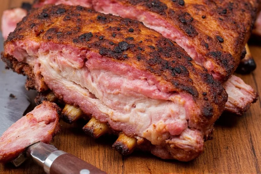 Perfectly smoked ribs served on a wooden platter